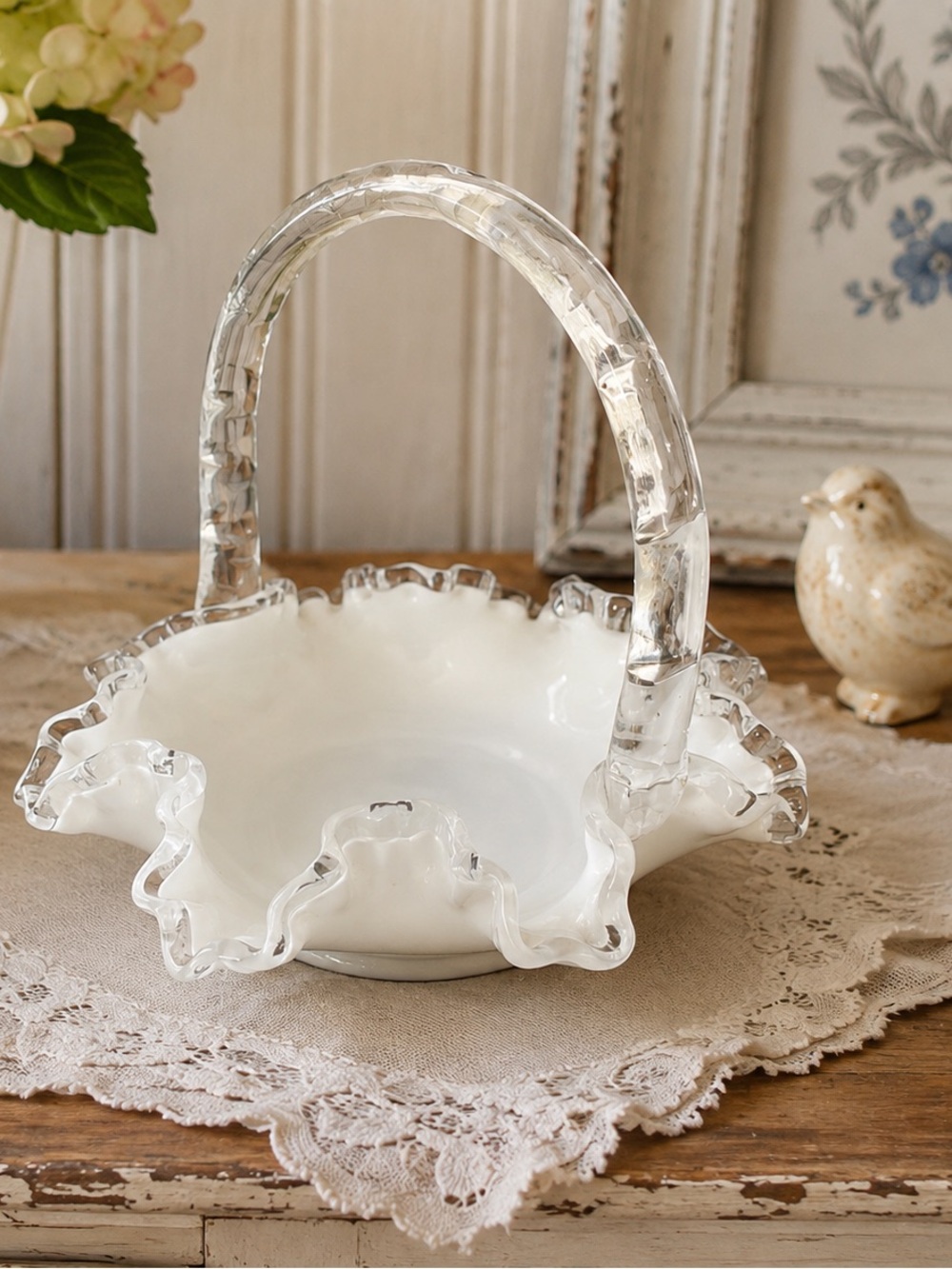 Fenton Silver Crest White Milk Glass Ruffled Crimped Edge Bowl Basket w/ Handle